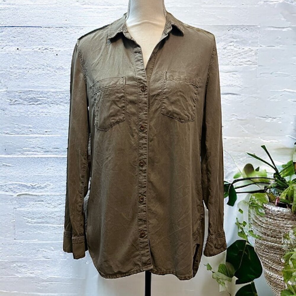 Cloth & Stone Olive Green Tencel & Lyocell Safari Button Down Spread Collar